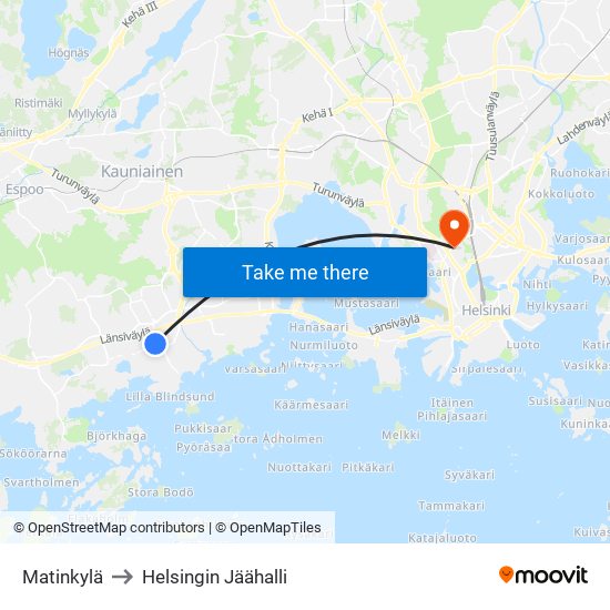 Matinkylä to Helsingin Jäähalli map