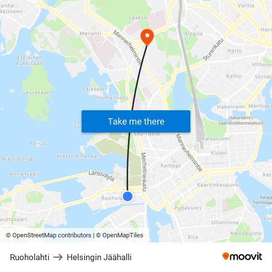 Ruoholahti to Helsingin Jäähalli map