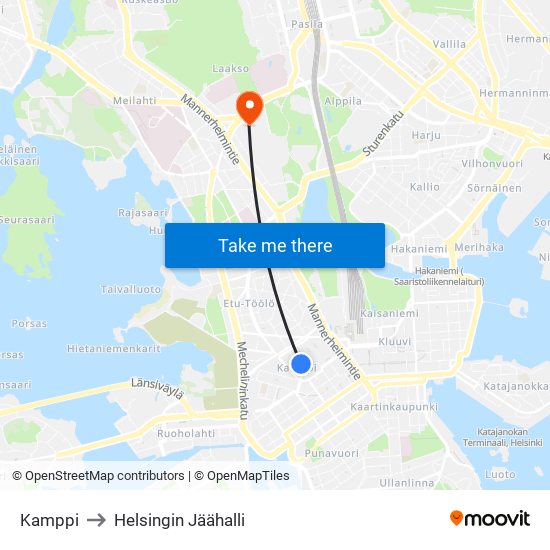 Kamppi to Helsingin Jäähalli map