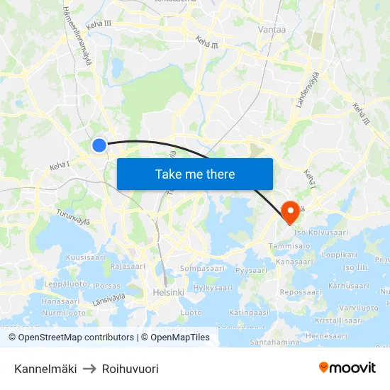 Kannelmaki to Roihuvuori map