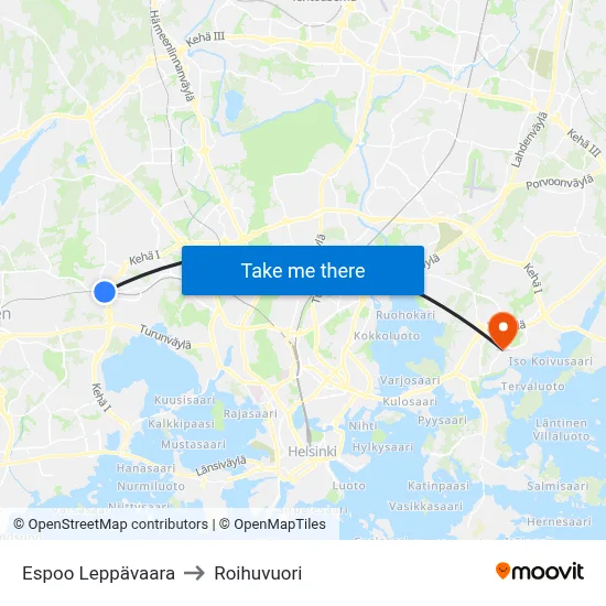 Espoo Leppävaara to Roihuvuori map