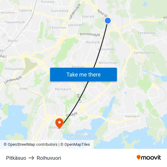 Pitkäsuo to Roihuvuori map