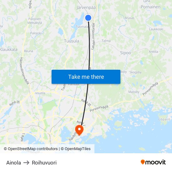 Ainola to Roihuvuori map