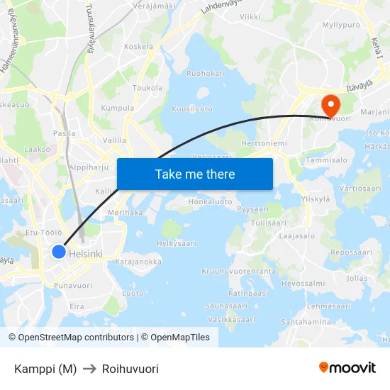 Kamppi (M) to Roihuvuori map
