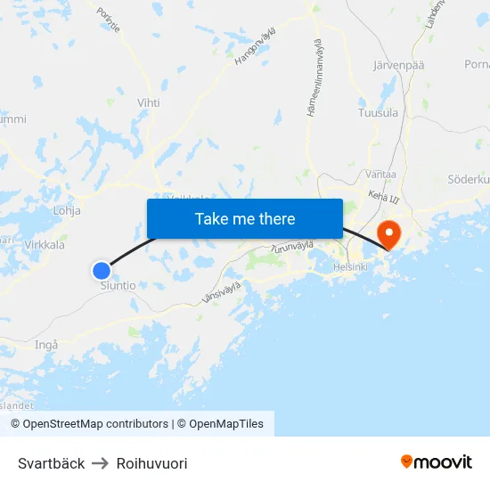 Svartback to Roihuvuori map