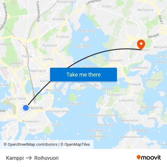 Kamppi to Roihuvuori map