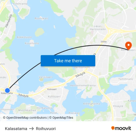 Kalasatama to Roihuvuori map