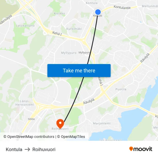 Kontula to Roihuvuori map