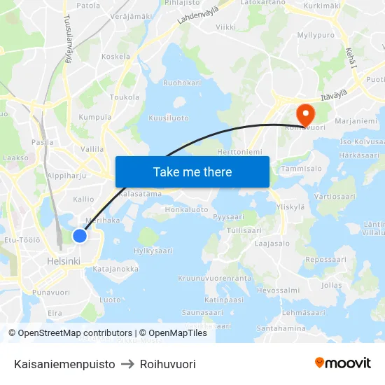 Kaisaniemi Park to Roihuvuori map