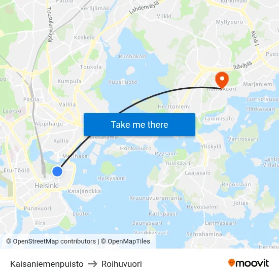 Kaisaniemenpuisto to Roihuvuori map