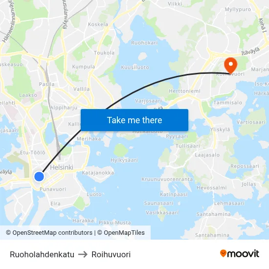 Ruoholahdenkatu to Roihuvuori map