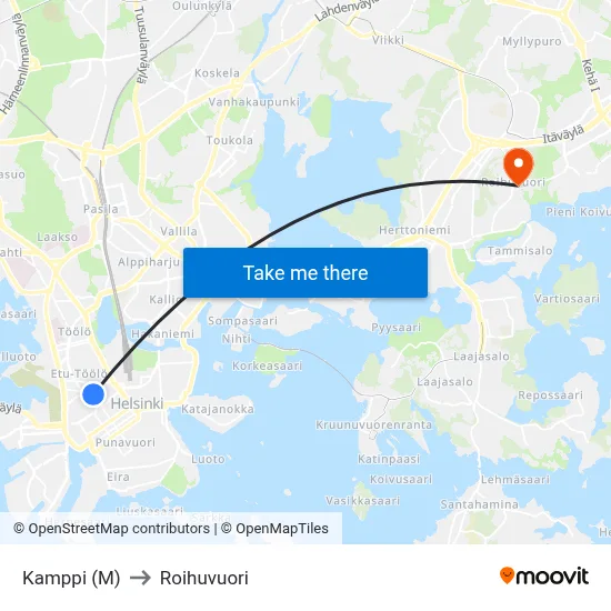 Kamppi (M) to Roihuvuori map