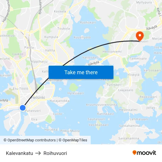 Kalevankatu to Roihuvuori map