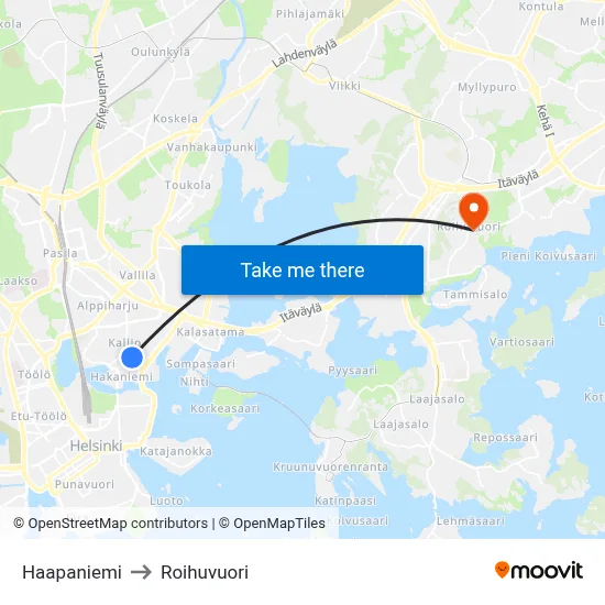 Haapaniemi to Roihuvuori map