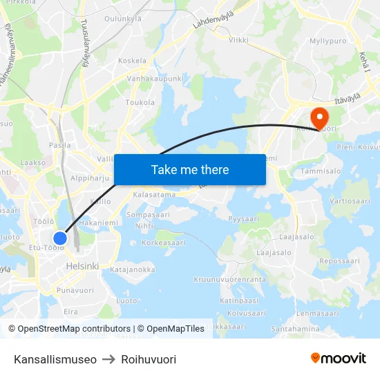 National Museum to Roihuvuori map