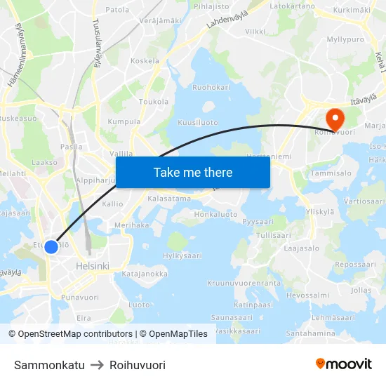 Sammonkatu to Roihuvuori map