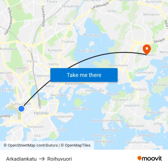 Arcadia Street to Roihuvuori map