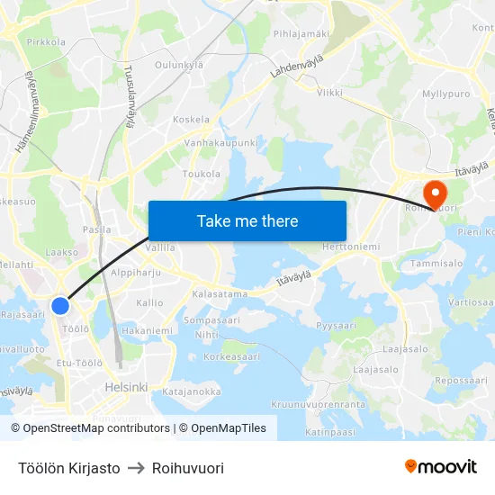 Töölö Library to Roihuvuori map