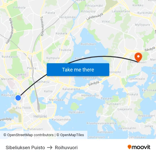 Sibelius Park to Roihuvuori map