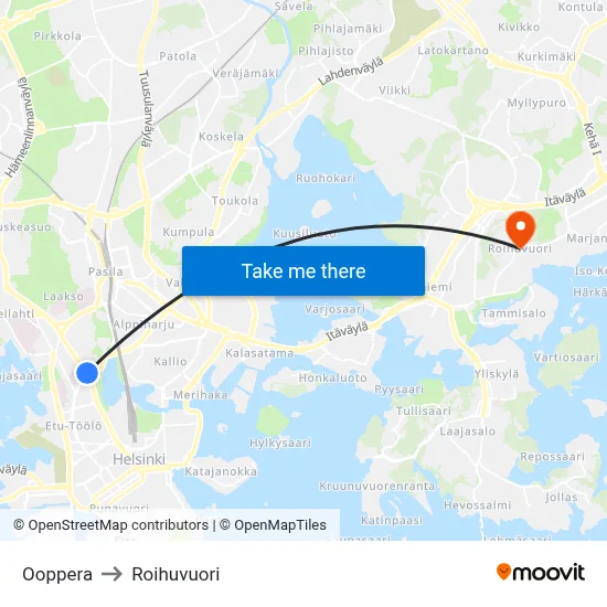 Opera to Roihuvuori map
