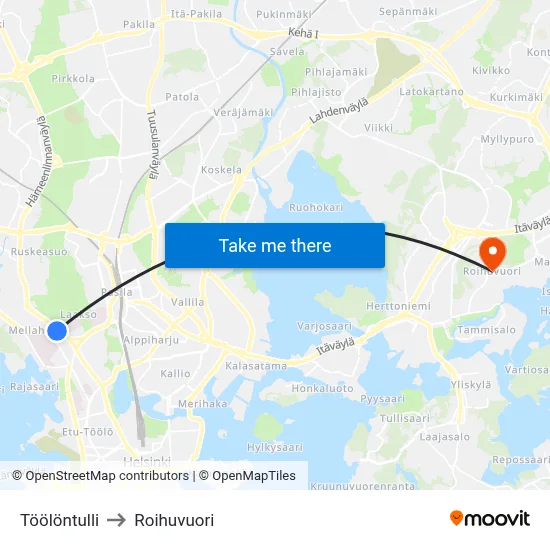 Töölö Toll to Roihuvuori map