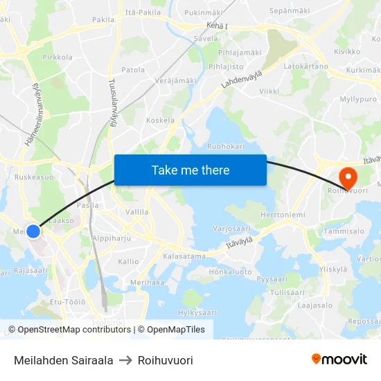 Meilahden Sairaala to Roihuvuori map