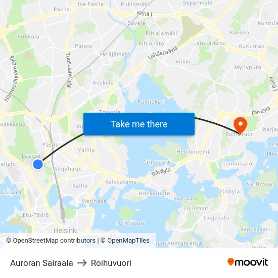 Aurora Hospital to Roihuvuori map