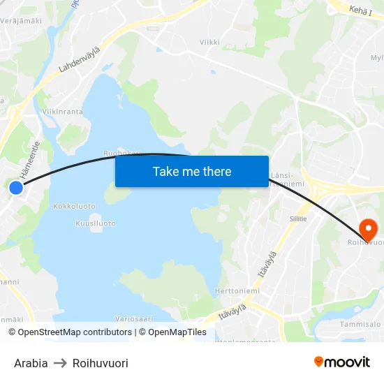 Arabia to Roihuvuori map