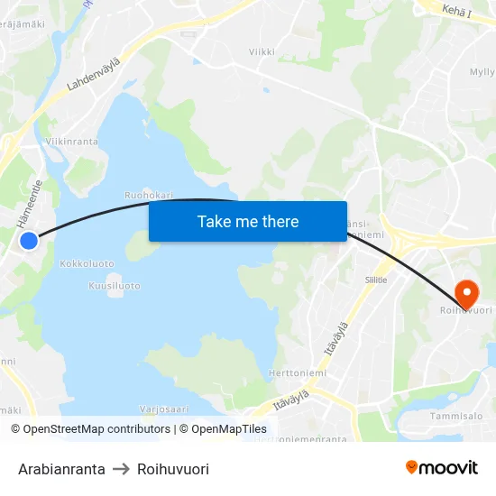 Arabianranta to Roihuvuori map