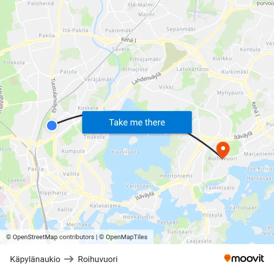 Käpylänaukio to Roihuvuori map