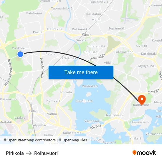 Pirkkola to Roihuvuori map