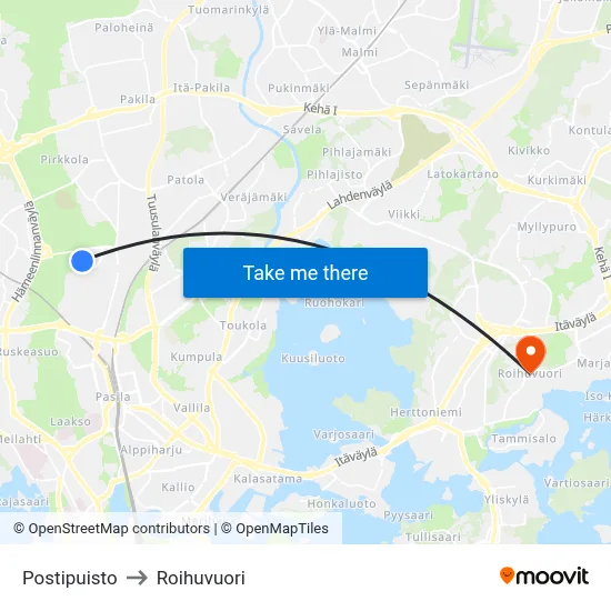 Postal Park to Roihuvuori map