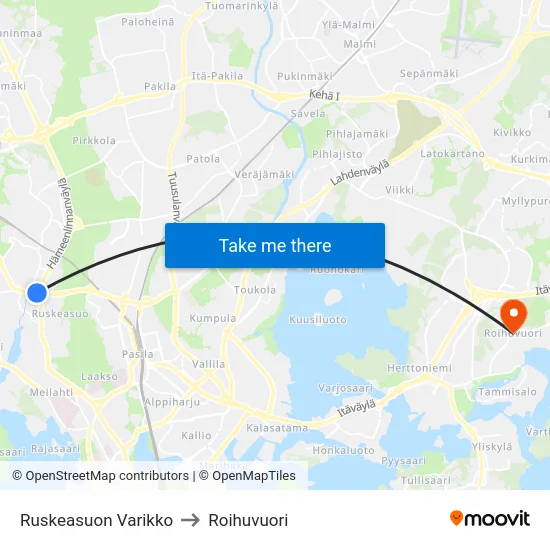 Ruskeasuon Varikko to Roihuvuori map