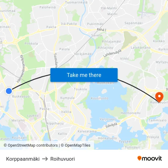 Korppaa Hill to Roihuvuori map