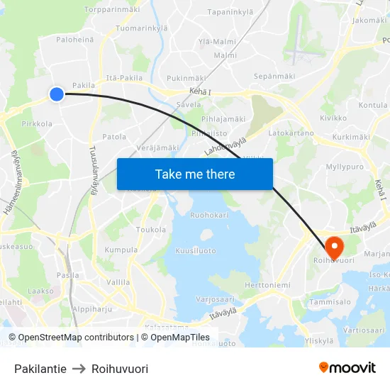 Pakilantie to Roihuvuori map