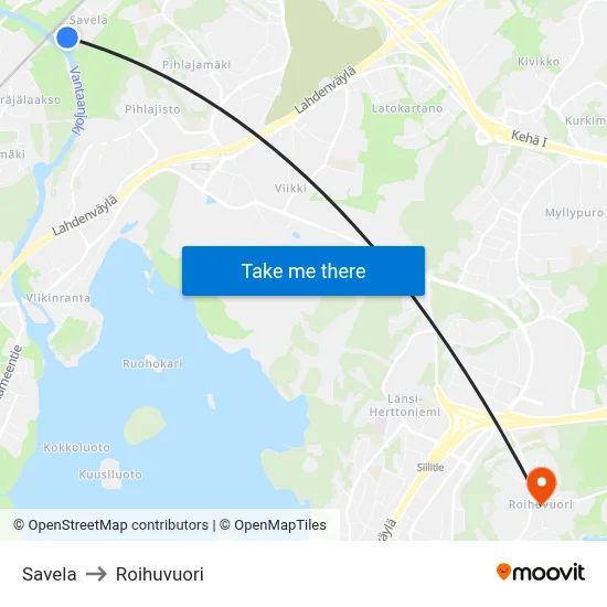 Savela to Roihuvuori map
