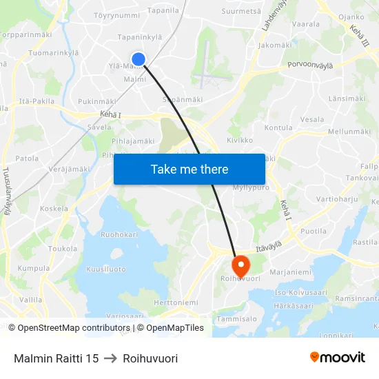 Malmin Raitti 15 to Roihuvuori map