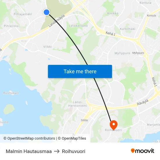 Malmin Hautausmaa to Roihuvuori map