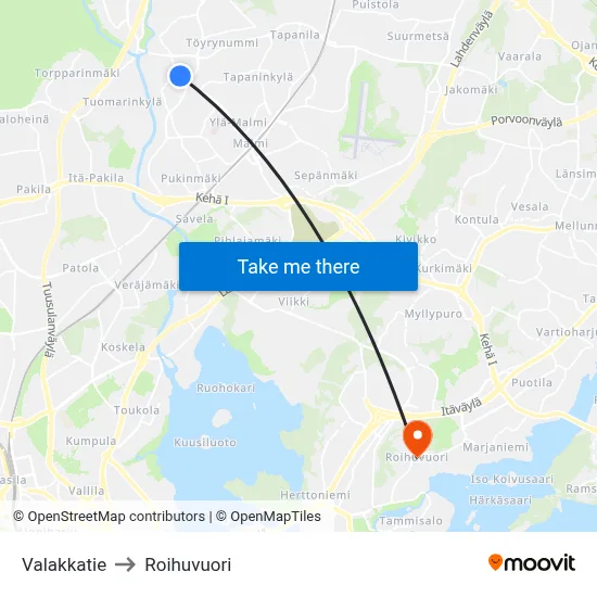 Valakka Road to Roihuvuori map