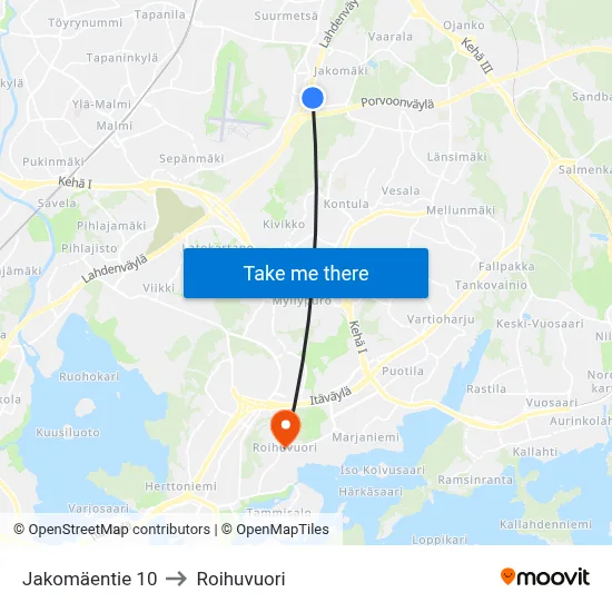 10 Jakomäentie to Roihuvuori map