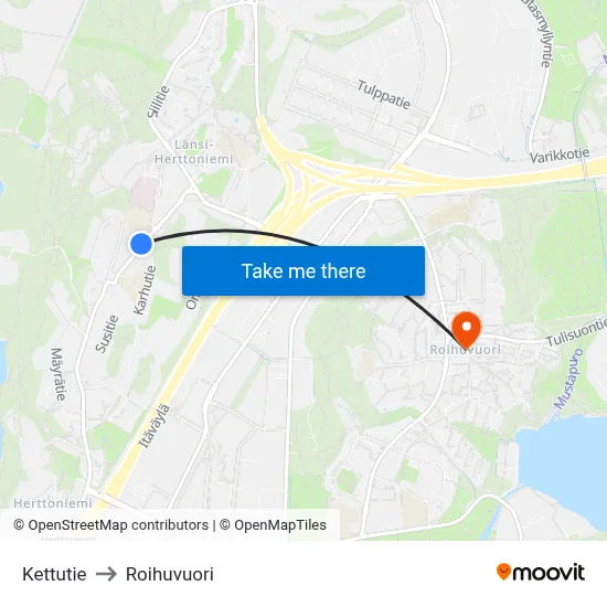 Kettutie to Roihuvuori map