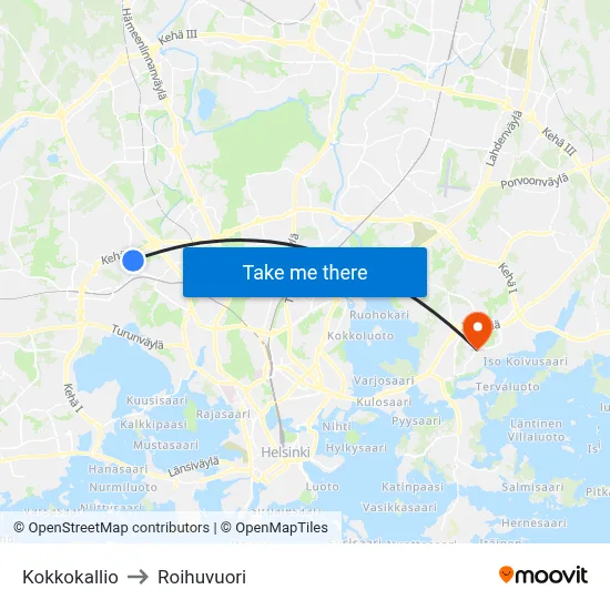 Kokkokallio to Roihuvuori map