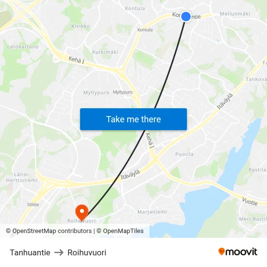 Tanhuantie to Roihuvuori map