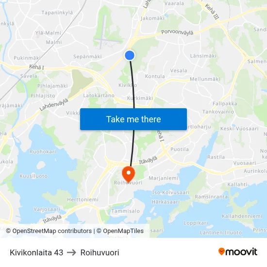 43 Kivikonlaita to Roihuvuori map