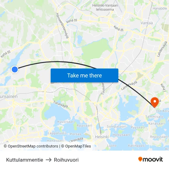 Kuttulampi Road to Roihuvuori map