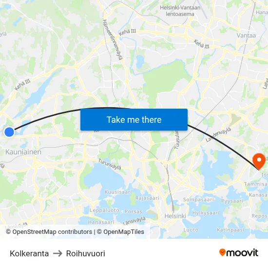 Kolkeranta to Roihuvuori map