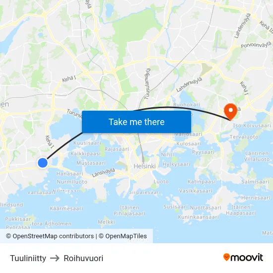 Wind Meadow to Roihuvuori map