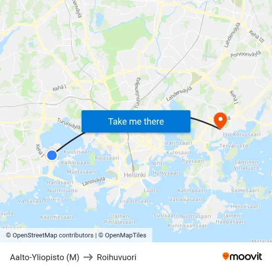 Aalto University (M) to Roihuvuori map