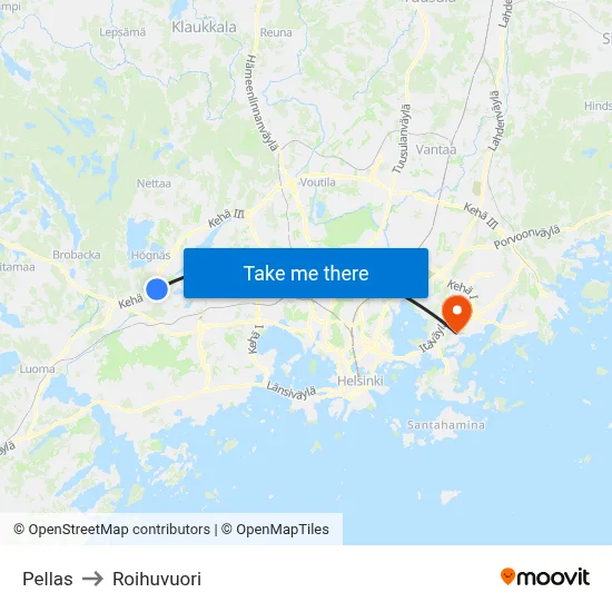 Pellas to Roihuvuori map