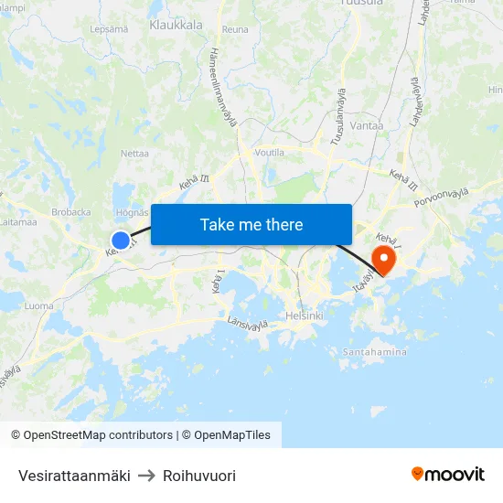 Vesirattaanmaki to Roihuvuori map